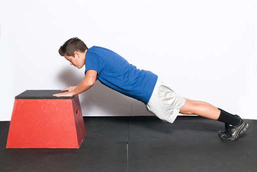 Bend your elbows, lowering your entire body towards the box. Your body should be in a line, with your back straight. 