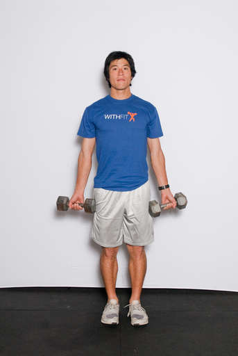 Hold a dumbbell in one hand so the dumbbell is resting in the palm of your hand. Let your arms hang at your sides.