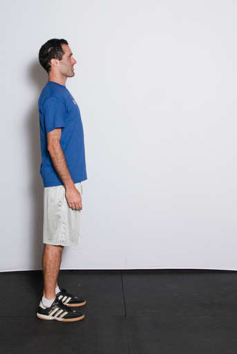 Stand up tall with your back straight, abs pulled in looking straight ahead with head help up.

