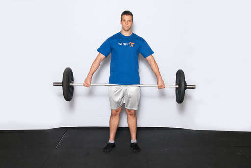Stand up until the barbell is touching you mid-thigh. Keep your arms straight. This is the starting position for this lift.