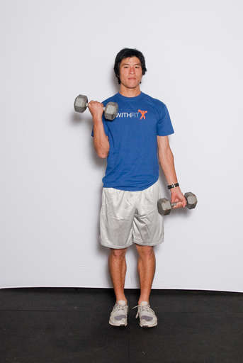 Stop the dumbbell an inch from your shoulder.