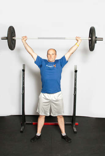 Hold the barbell above your head using a wide grip, keeping elbows locked. Your head should be forward of the bar.