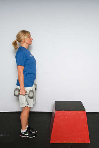 Stand facing a box. Hold the dumbbells in your hand.